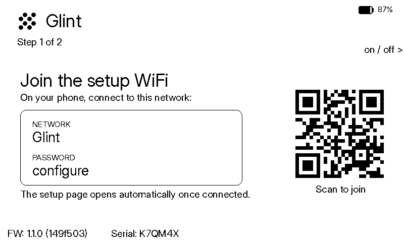Step 1 of 2: join the setup WiFi