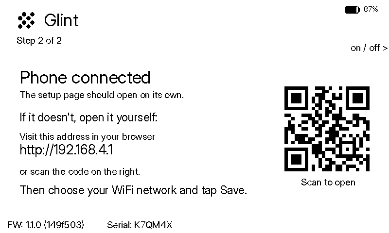 Step 2 of 2: phone connected, open the setup page